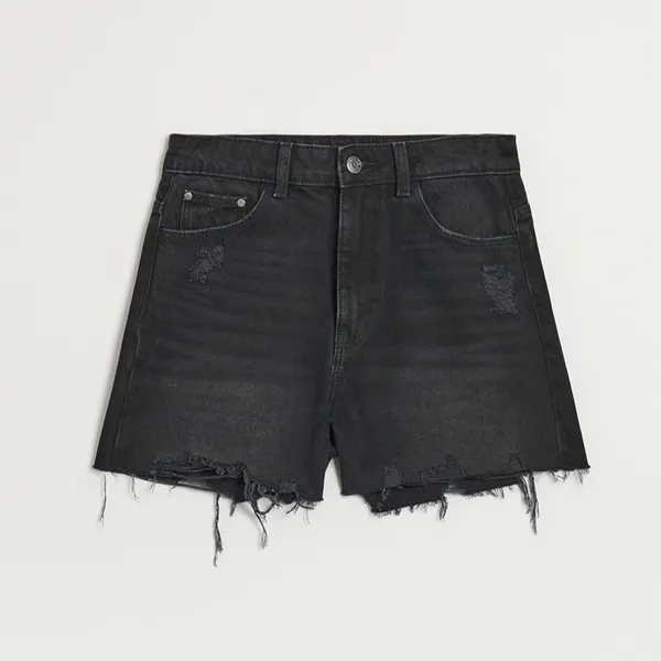 Czarne szorty jeansowe z wysokim stanem i przetarciami vintage - Czarny