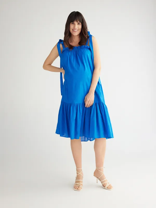Bawełniana sukienka z falbaną - Niebieski
