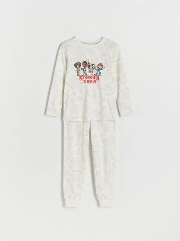 Dwuczęściowa piżama o prostym fasonie, wykonana z bawełnianej dzianiny. - złamana biel