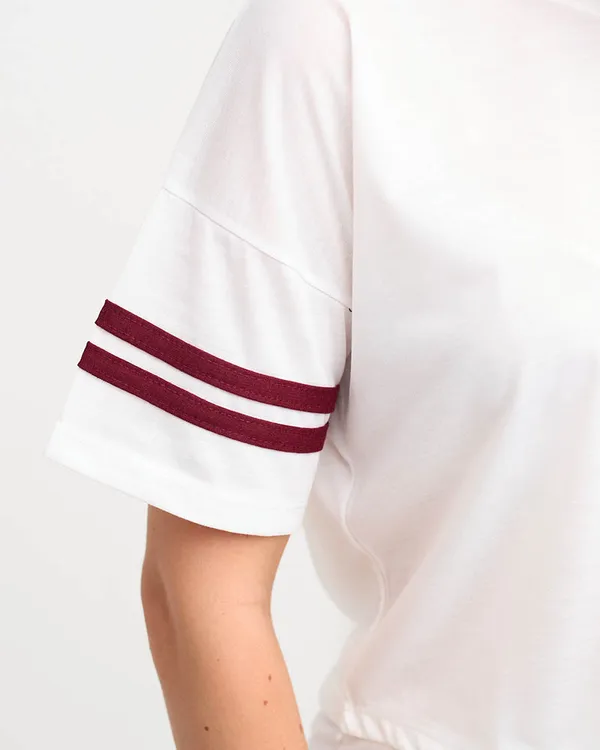 Damski biały komplet dresowy z lampasami w bordowym kolorze - Odzież - Bordowy || Biały