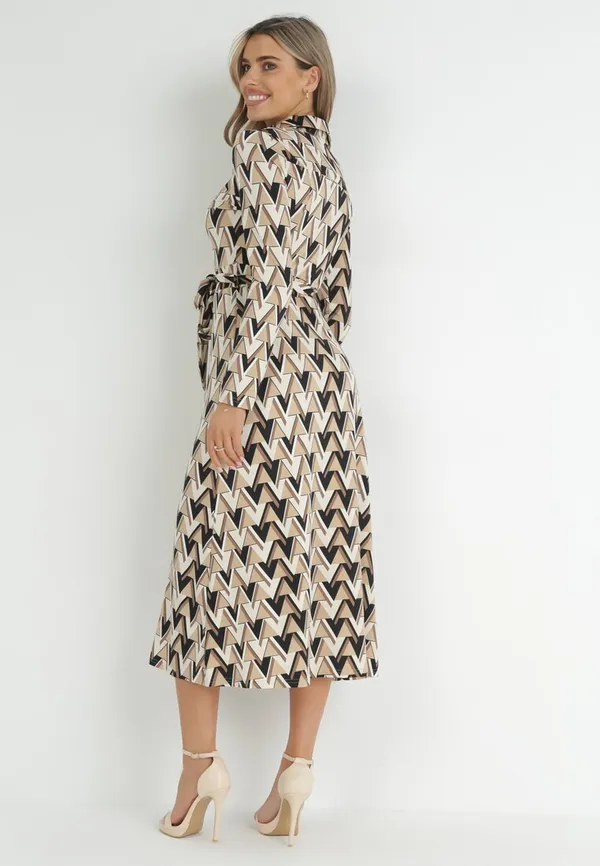 Beżowa Sukienka Maxi z Wiązanym Paskiem i Geometrycznym Wzorem Annalea