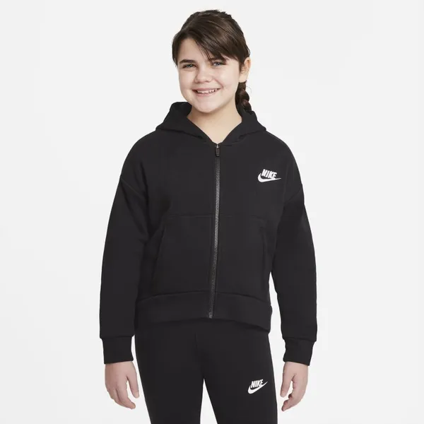 Bluza z kapturem i zamkiem na całej długości dla dużych dzieci (dziewcząt) Nike Sportswear Club Fleece (o wydłużonym rozmiarze) - Czerń