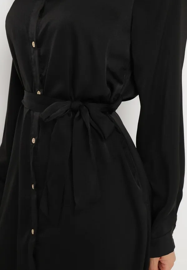 Czarna Koszulowa Sukienka Maxi z Wiązanym Paskiem Isylie
