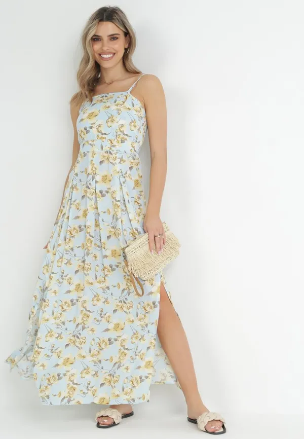 Jasnoniebieska Sukienka Maxi na Regulowanych Ramiączkach z Rozcięciem na Dole Alasima