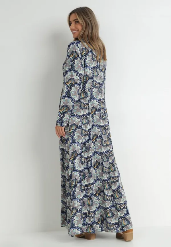 Granatowa Sukienka Koszulowa w Roślinny Wzór Bivi