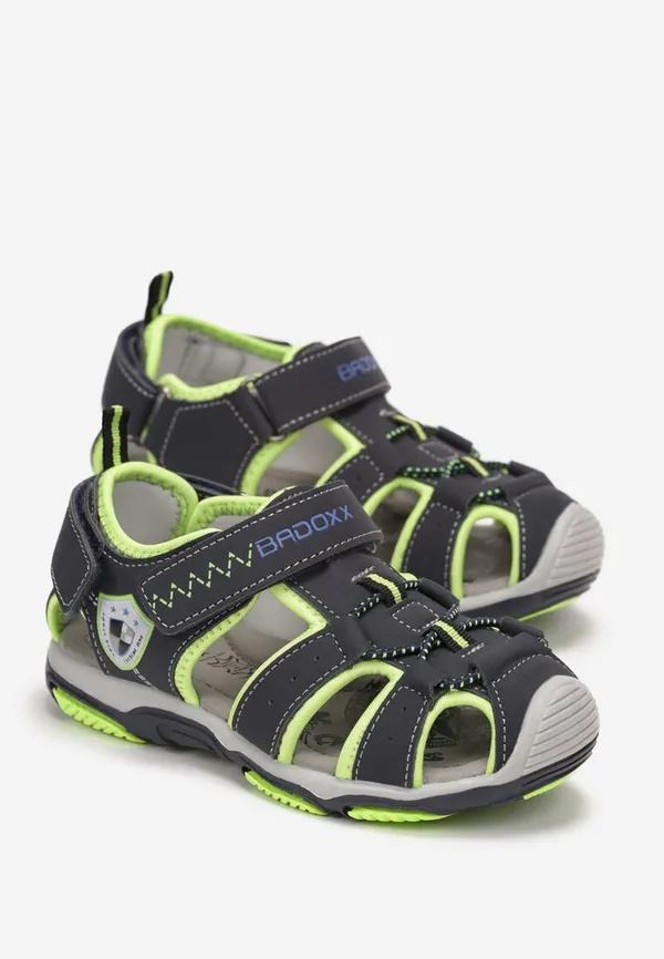 Granatowo-Zielone Sportowe Sandały z Wkładką ze Skóry Naturalnej i Rzepami Docia