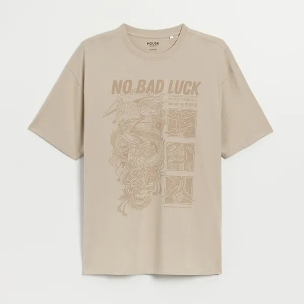 Luźna koszulka No Bad Luck beżowa - Kremowy