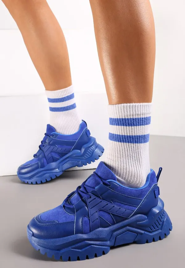 Niebieskie Sneakersy Sznurowane na Grubej Podeszwie Releta