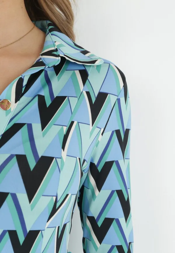 Niebieska Sukienka Maxi z Wiązanym Paskiem i Geometrycznym Wzorem Annalea
