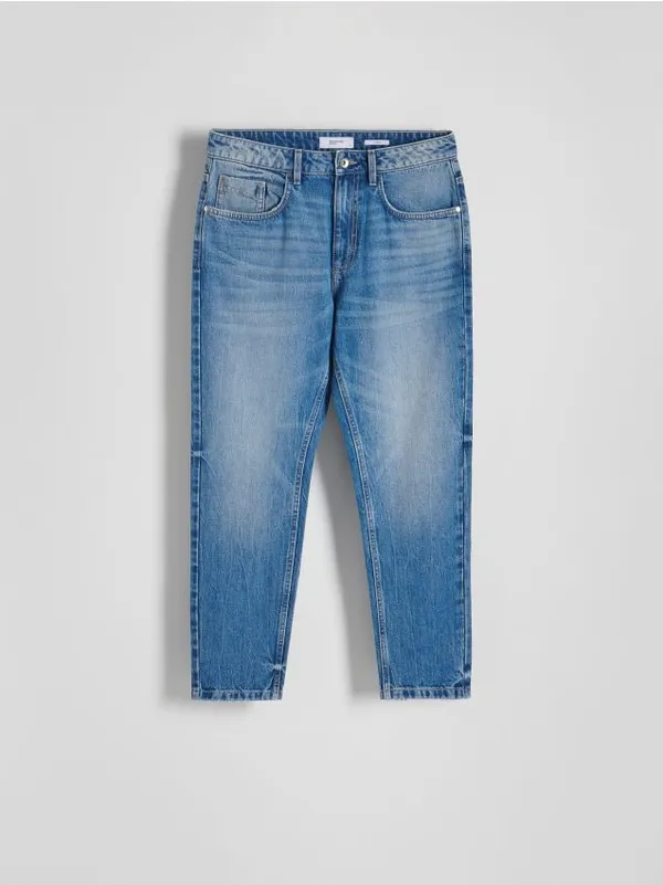 Spodnie jeansowe typu carrot, wykonane z denimu. - niebieski