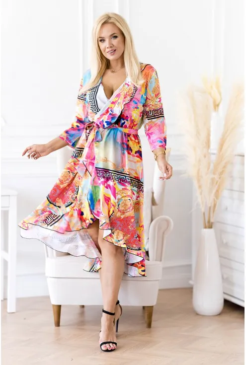Asymetryczna sukienka z falbanką w kolorowy wzór - LILIANE