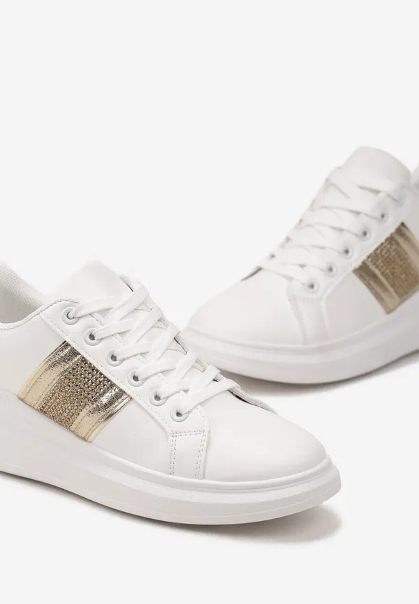 Biało-Złote Sneakersy z Metalicznymi Wstawkami i Cyrkoniami na Grubej Podeszwie Wirela