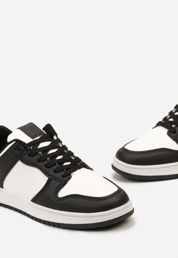 Czarne Sznurowane Sneakersy na Płaskiej Podeszwie z Imitacji Skóry Bioriana