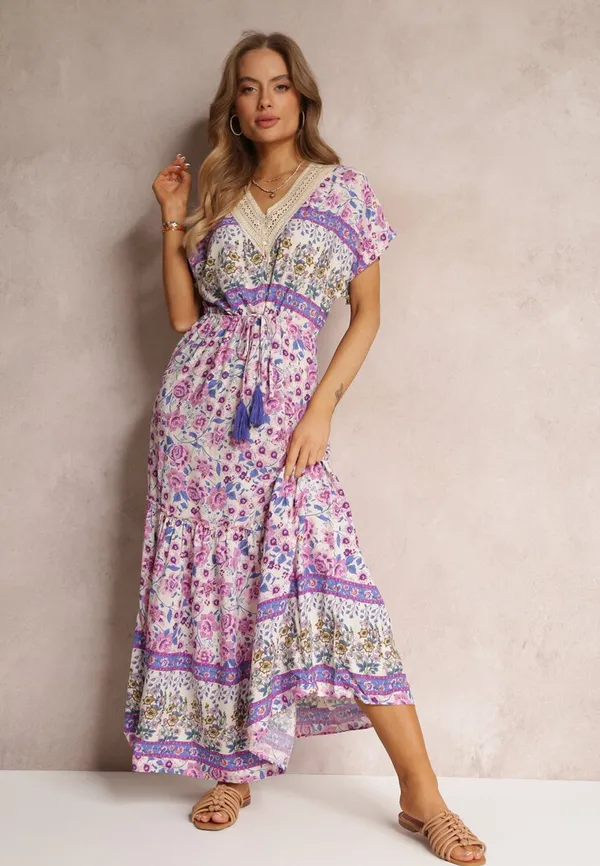 Fioletowa Sukienka Maxi ze Sznurkiem w Talii i Koronkową Wstawką przy Dekolcie Mererid