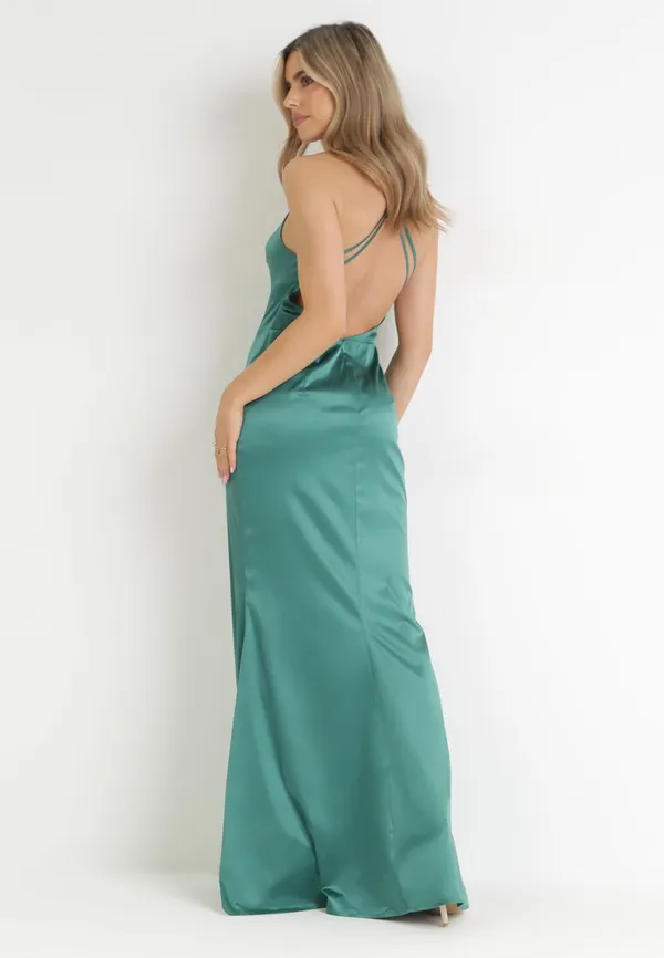 Zielona Satynowa Sukienka Maxi z Ukrytym Suwakiem na Cienkich Ramiączkach Jermela