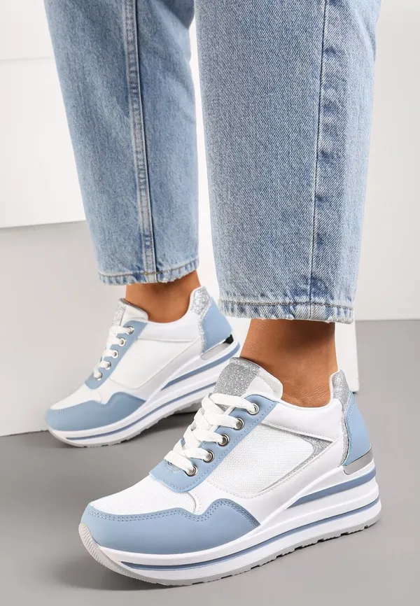 Niebieskie Sneakersy na Niskiej Platformie ze Wstawkami Brokatowymi Gwenoa