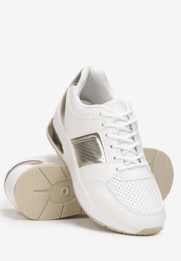 Białe Sneakersy z Metalicznymi Wstawkami i Perforacją na Nosku Rigza