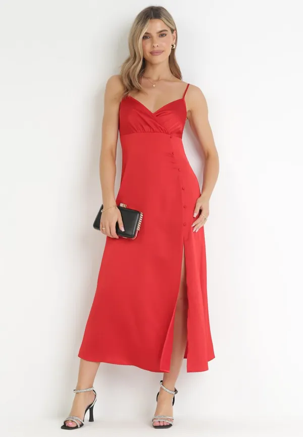 Czerwona Sukienka Maxi na Ramiączkach z Głębokim Dekoltem Issabelle
