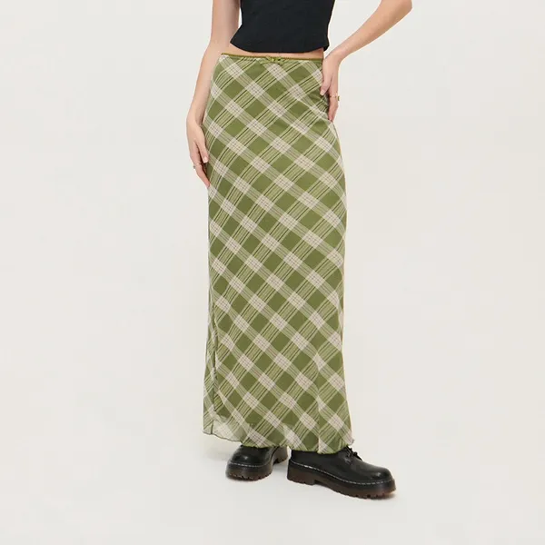 Zielona spódnica maxi w siateczkowej tkaniny w kratę - Wielobarwny
