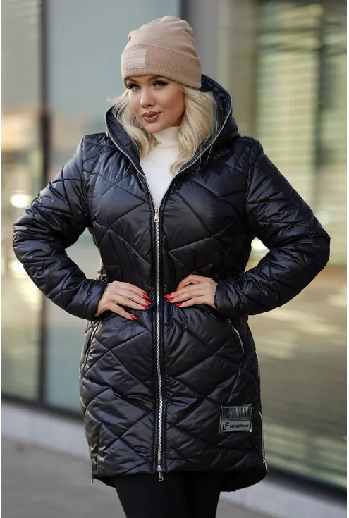 Czarna długa zimowa kurtka pikowana z kapturem - Elenis