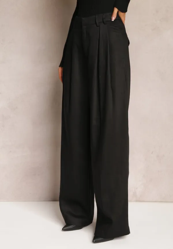 Czarne Szerokie Spodnie High Waist z Kieszeniami Keanne