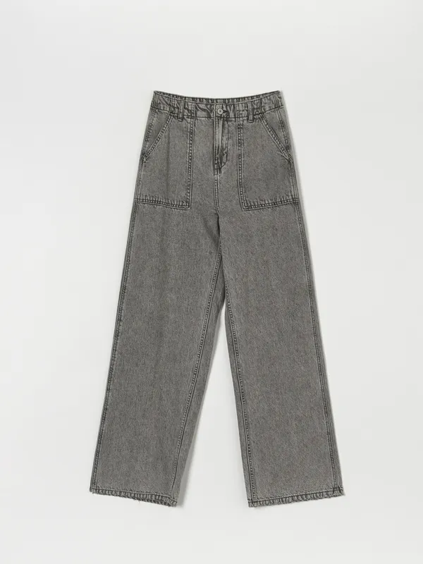 Spodnie jeansowe o kroju wide leg uszyte w 100% z bawełny. - szary