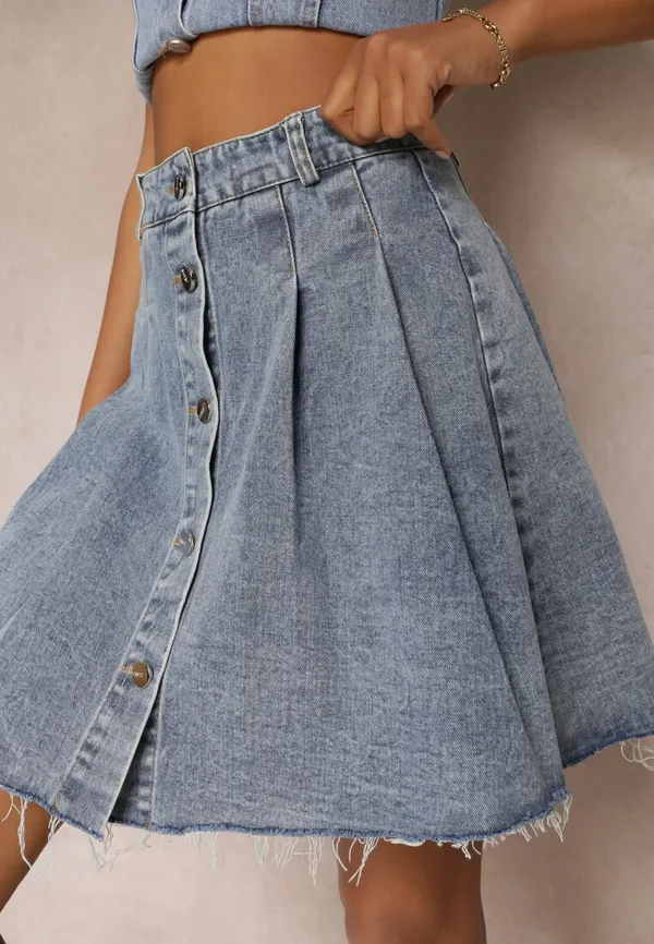 Niebieska Jeansowa Spódnica Mini z Zakładkami Hollette