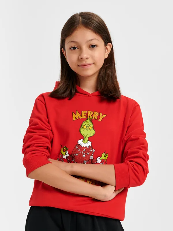 Bawełniana bluza z ozdobnym, świątecznym nadrukiem Grincha. - czerwony