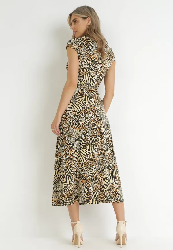 Beżowa Kopertowa Sukienka Maxi z Wiązaniem w Talii ze Zwierzęcym Wzorem Araxie