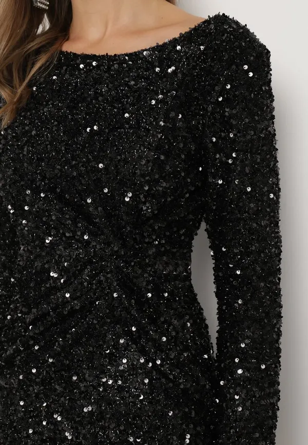 Czarna Kopertowa Sukienka Mini w Cekiny Solaire