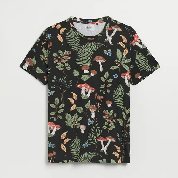 Luźna koszulka z motywami roślinnymi - Czarny