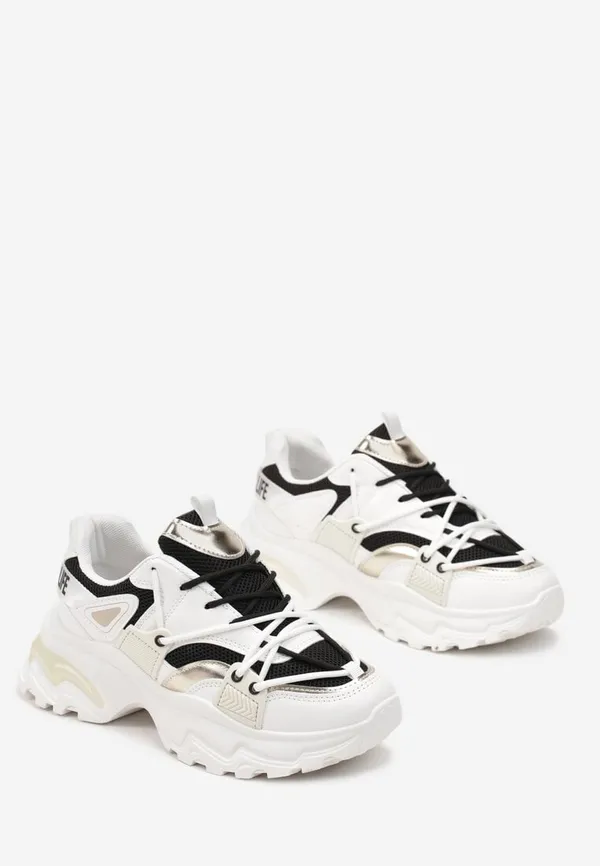 Biało-Czarne Sneakersy z Ekoskóry ze Sznurowaniem Ozdobione Ażurową Siateczką Mochani