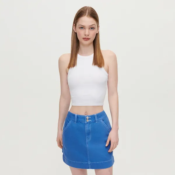 Jeansowa spódnica mini z przeszyciami - Niebieski