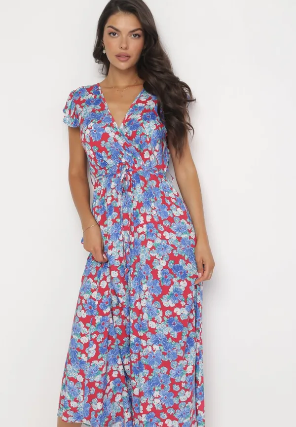 Niebiesko-Czerwona Rozkloszowana Sukienka Maxi w Kwiaty Illuma