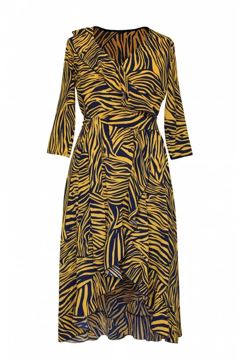 Asymetryczna sukienka z falbanką pomarańczowa zebra - LILIANE