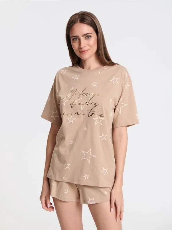 Bawełniana piżama dwuczęściowa w kolorze beżowym. - beżowy