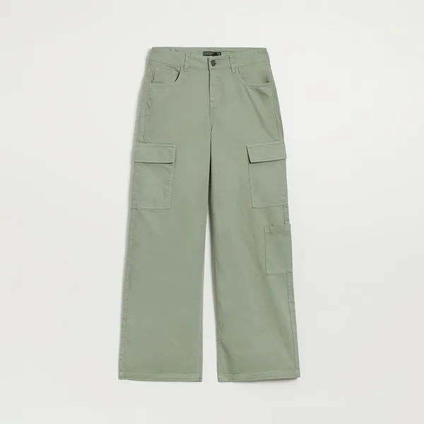 Spodnie wide leg z kieszeniami cargo zielone - Zielony