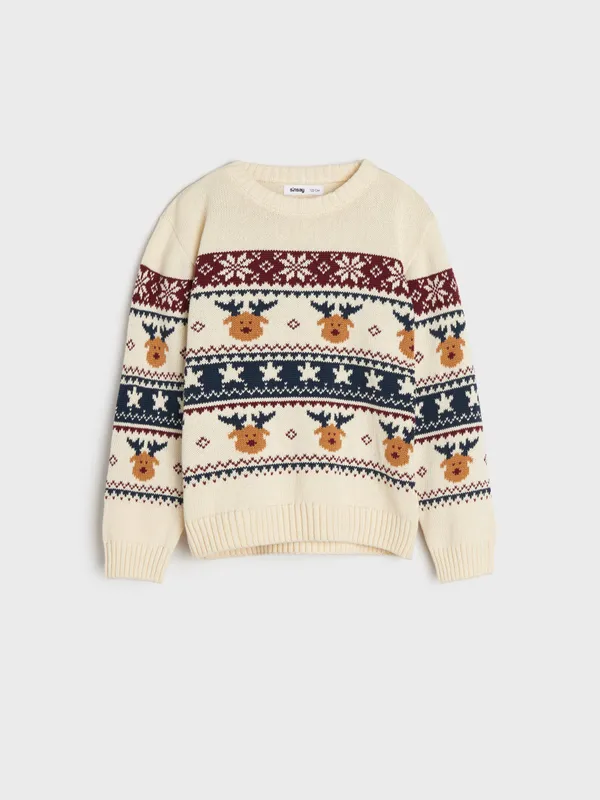 Wygodny, bawełniany sweter ze świątecznym wzorem. - kremowy