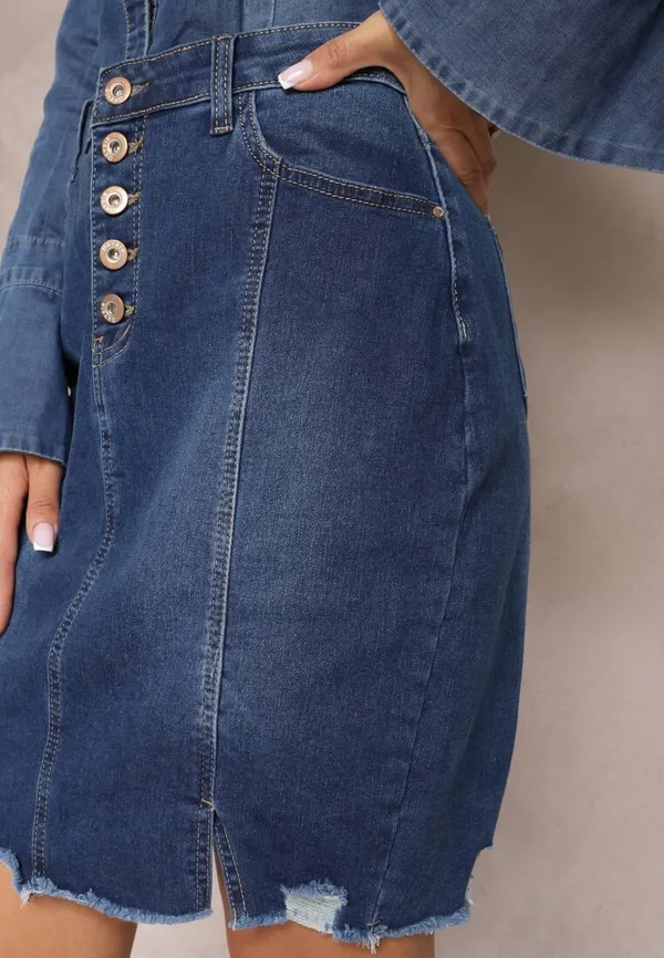 Niebieska Jeansowa Spódnica Mini z Guzikami Karandi