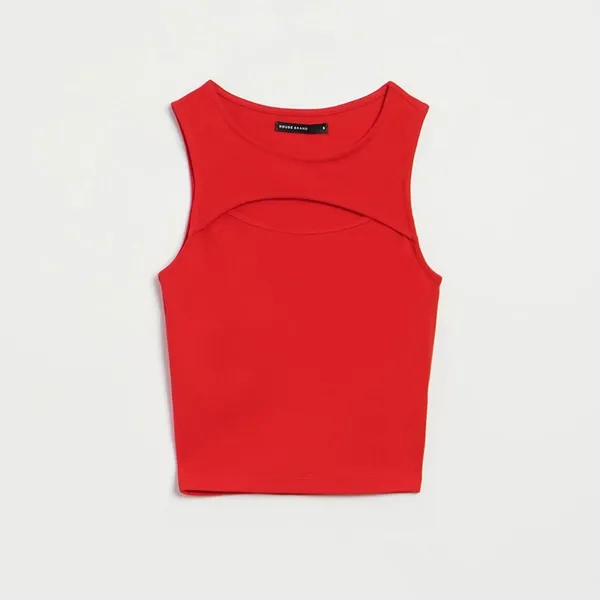Krótka koszulka bez rękawów z wycięciem czerwona - Czerwony