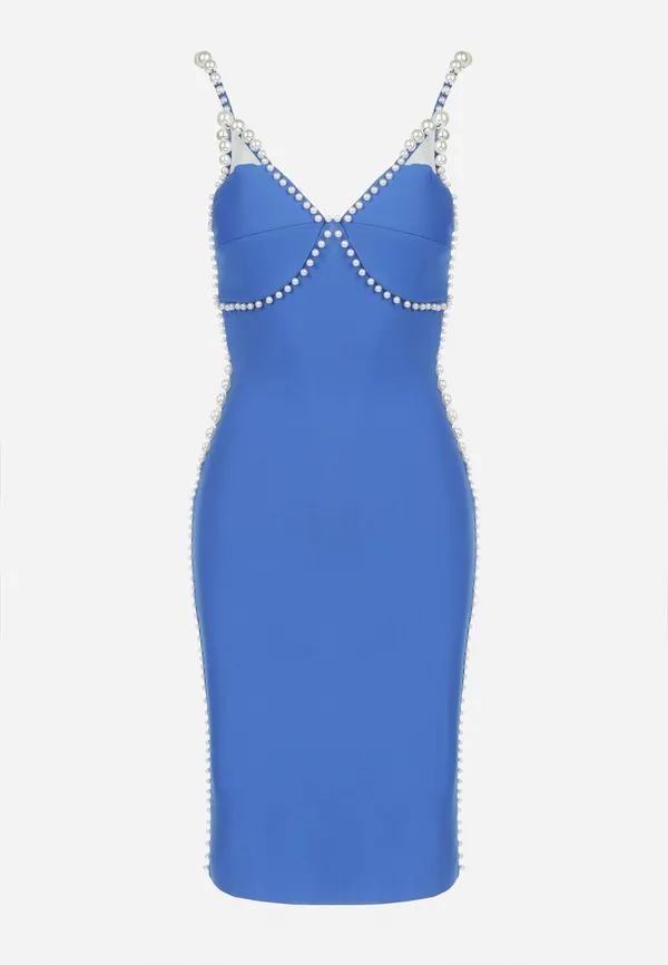 Niebieska Sukienka Dopasowana z Perłami Aset