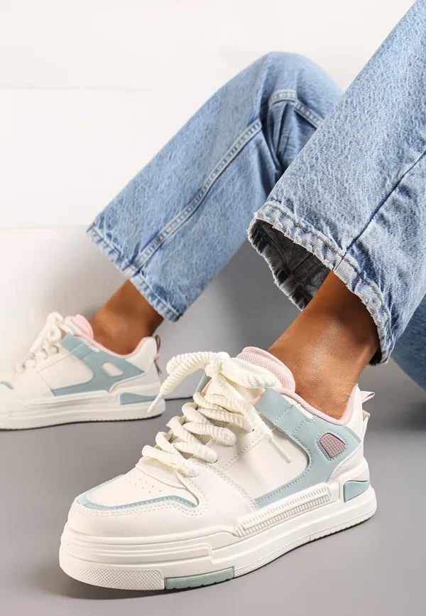 Biało-Niebieskie Sneakersy na Niskiej Platformie z Grubym Sznurowaniem i Podwójnym Językiem Minseja