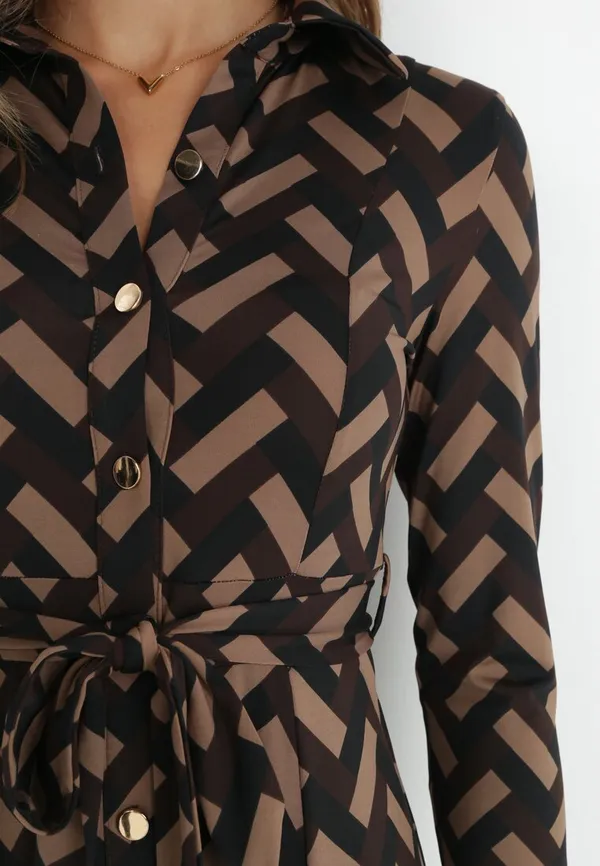Brązowa Sukienka Koszulowa w Geometryczny Wzór Looroc