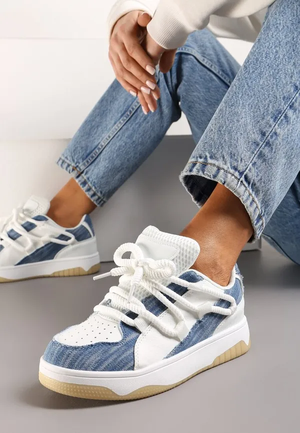 Niebieskie Sneakersy z Ozdobnymi Sznurówkami na Niskiej Platformie z Perforacją Dearias