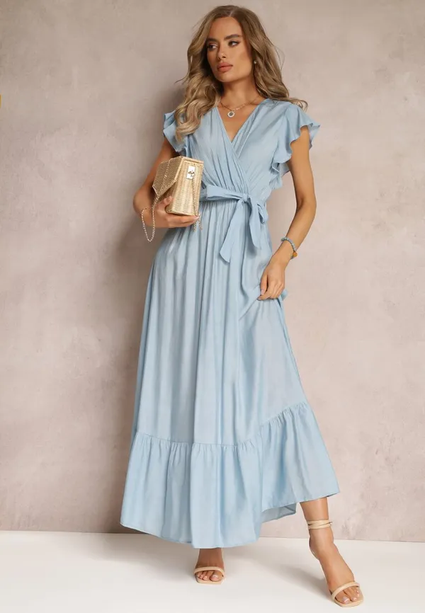 Niebieska Rozkloszowana Sukienka Maxi z Gumką w Talii Lavla