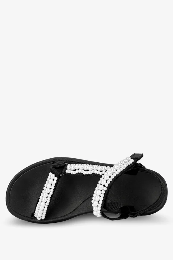 Czarne sandały z perełkami płaskie na rzep casu dz303