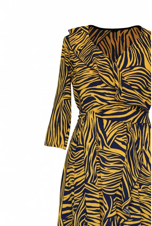 Asymetryczna sukienka z falbanką pomarańczowa zebra - LILIANE