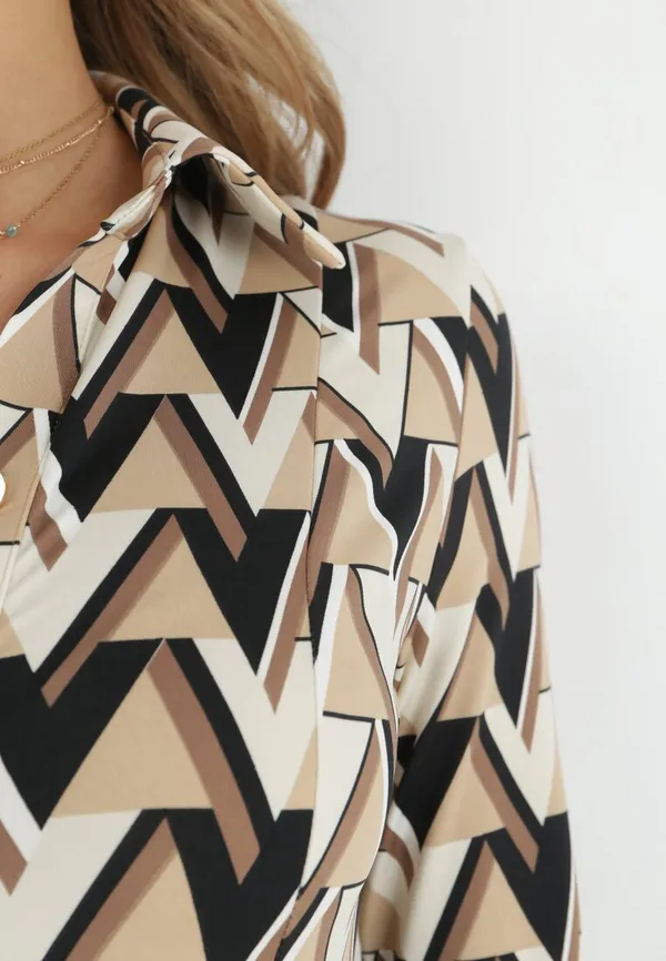 Beżowa Sukienka Maxi z Wiązanym Paskiem i Geometrycznym Wzorem Annalea