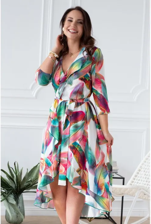 Asymetryczna sukienka plus size z falbanką kolorowe pióra - LILIANE