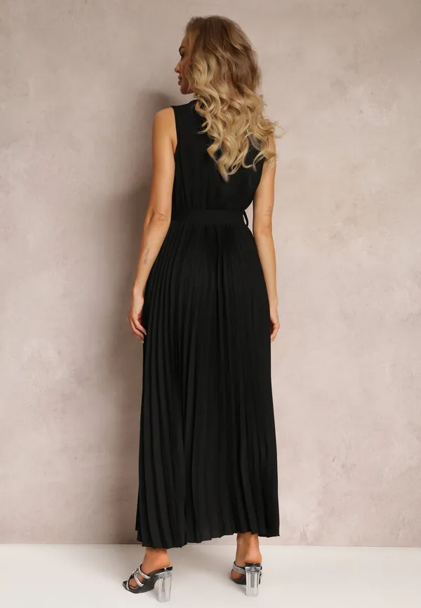 Czarna Rozkloszowana Sukienka Maxi z Plisowanym Dołem i Gumką w Talii Sare